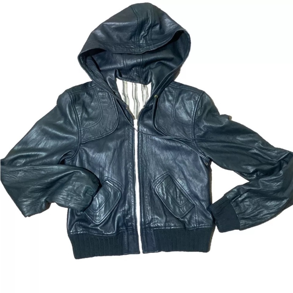 Mike & Chris Black Leather Hooded Bomber Size Med